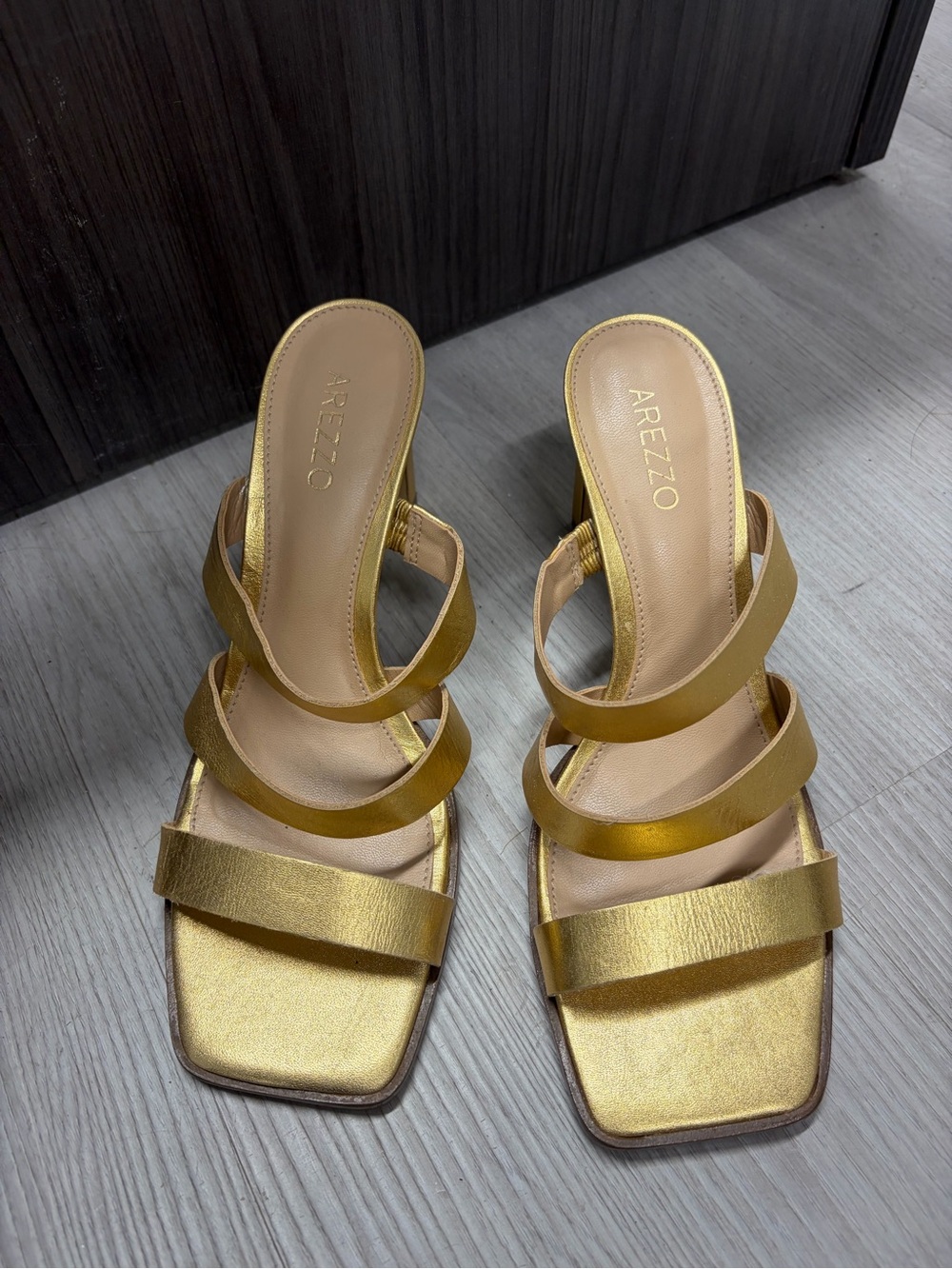 Arezzo Metallic Gold Multi-Strap Block Heel Sandals